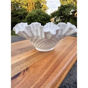 Vintage Fenton 10” White Milkglass Hobnail Serving Bowl with Ruffled Edge